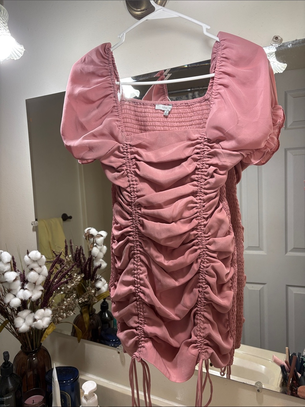 Ruched Puff Sleeve Mini Dress in Dusty Rose
